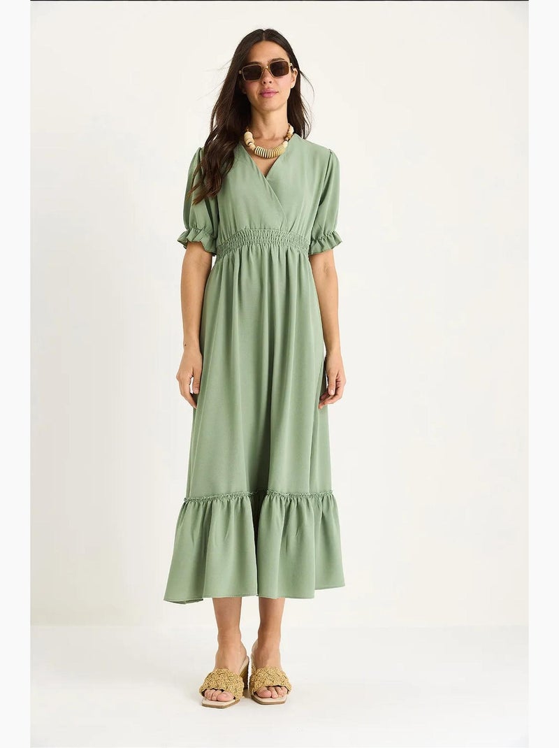 Vestido con cuello cruzado, cintura fruncida y mangas elásticas lucci Verde pastel - Kiabi