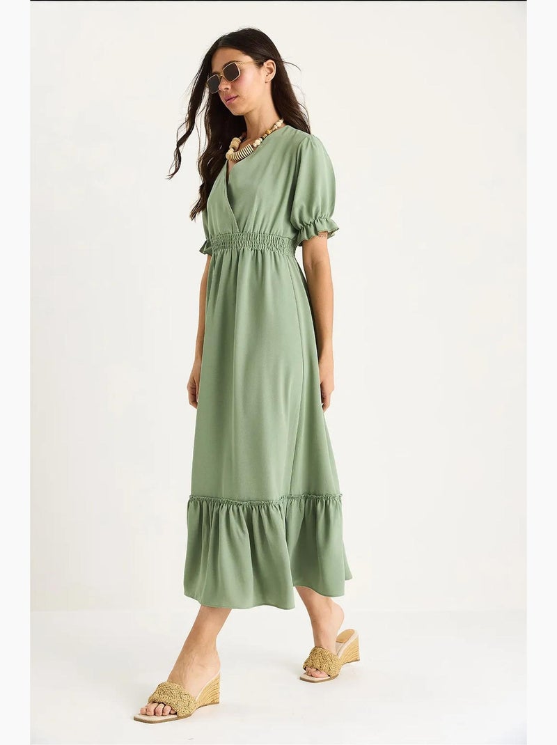Vestido con cuello cruzado, cintura fruncida y mangas elásticas lucci Verde pastel - Kiabi