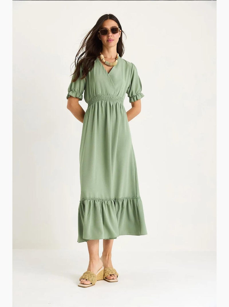 Vestido con cuello cruzado, cintura fruncida y mangas elásticas lucci Verde pastel - Kiabi