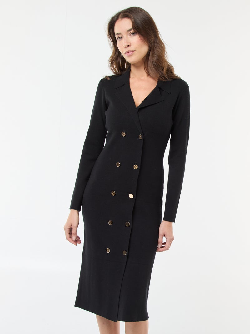Vestido con doble botonadura liso Negro - Kiabi