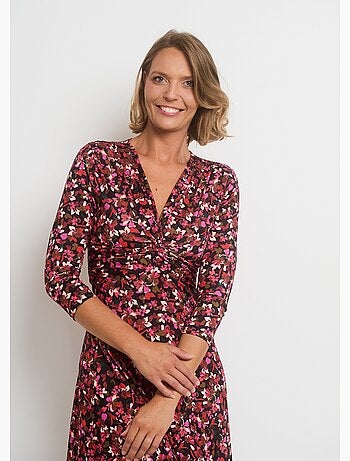 Vestido con estampado floral y escote en V y cintura drapeada - AFIBEL