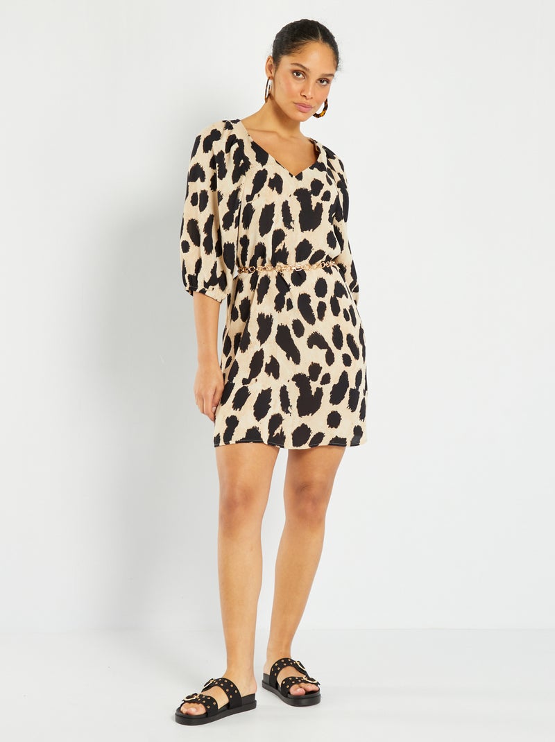 Vestido con manga abullonada y estampado de manchas MARRON - Kiabi