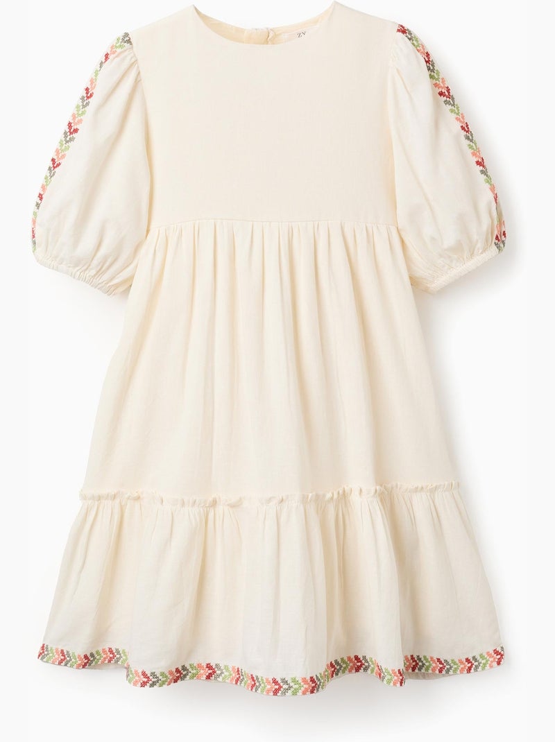 Vestido con mangas abullonadas y bordado Beige - Kiabi