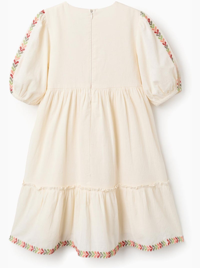 Vestido con mangas abullonadas y bordado Beige - Kiabi