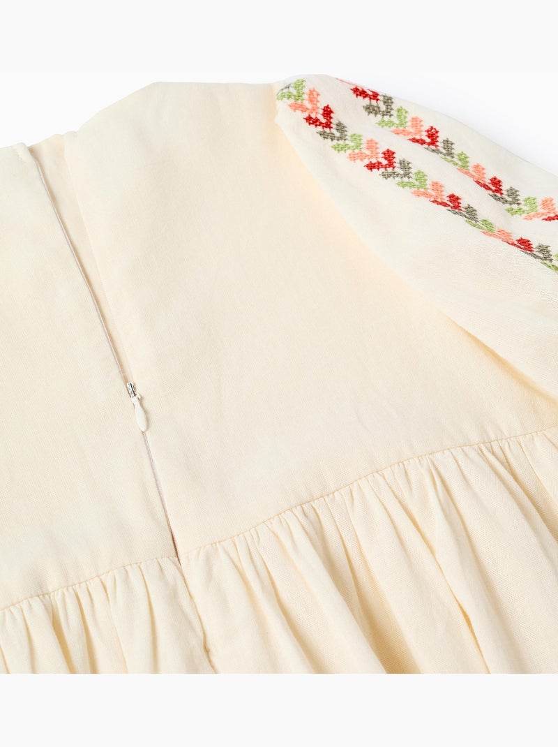 Vestido con mangas abullonadas y bordado Beige - Kiabi