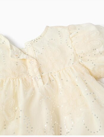 Vestido con mangas abullonadas y flores 3D