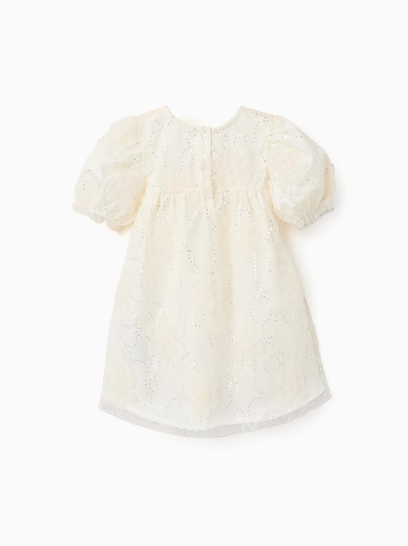 Vestido con mangas abullonadas y flores 3D Blanco - Kiabi