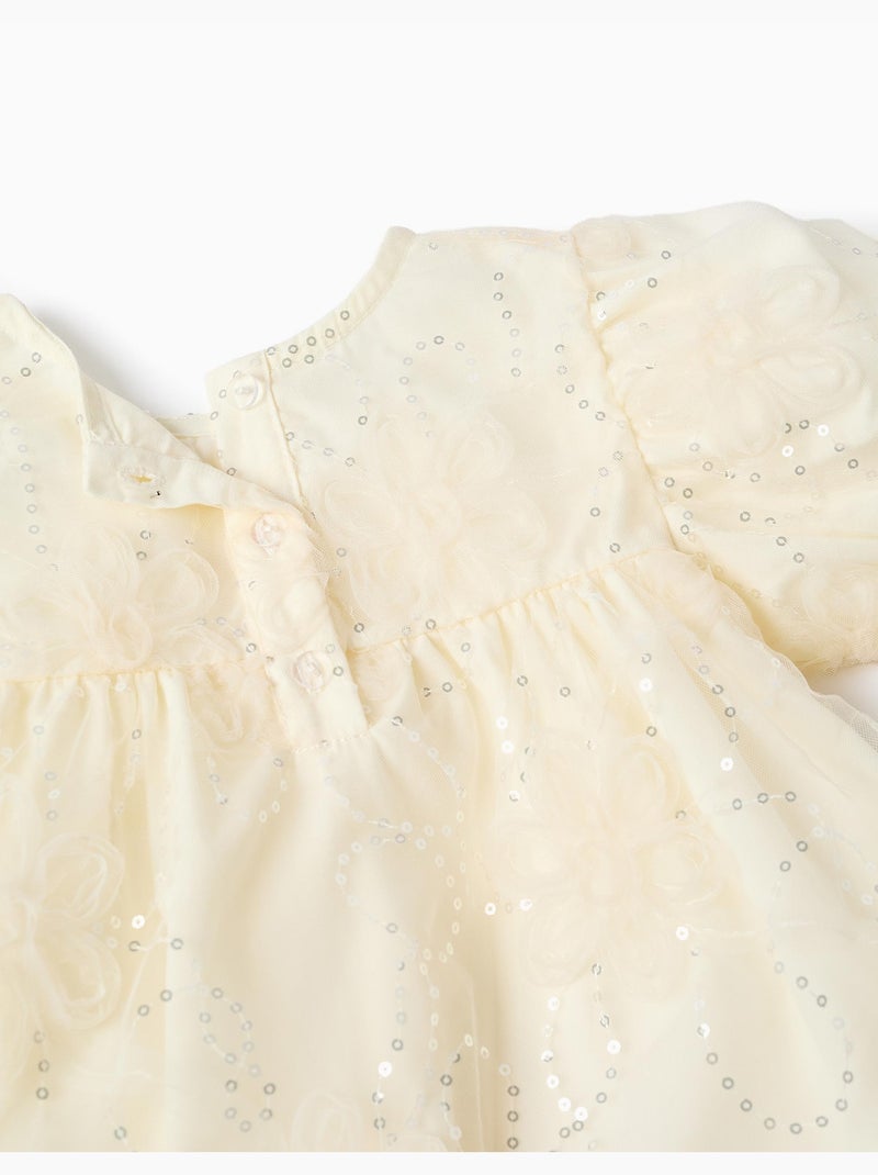 Vestido con mangas abullonadas y flores 3D Blanco - Kiabi
