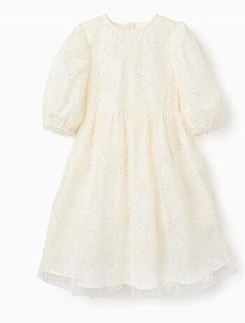 Vestido con mangas abullonadas y flores 3D