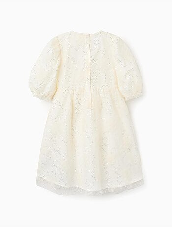 Vestido con mangas abullonadas y flores 3D