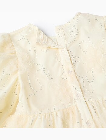 Vestido con mangas abullonadas y flores 3D