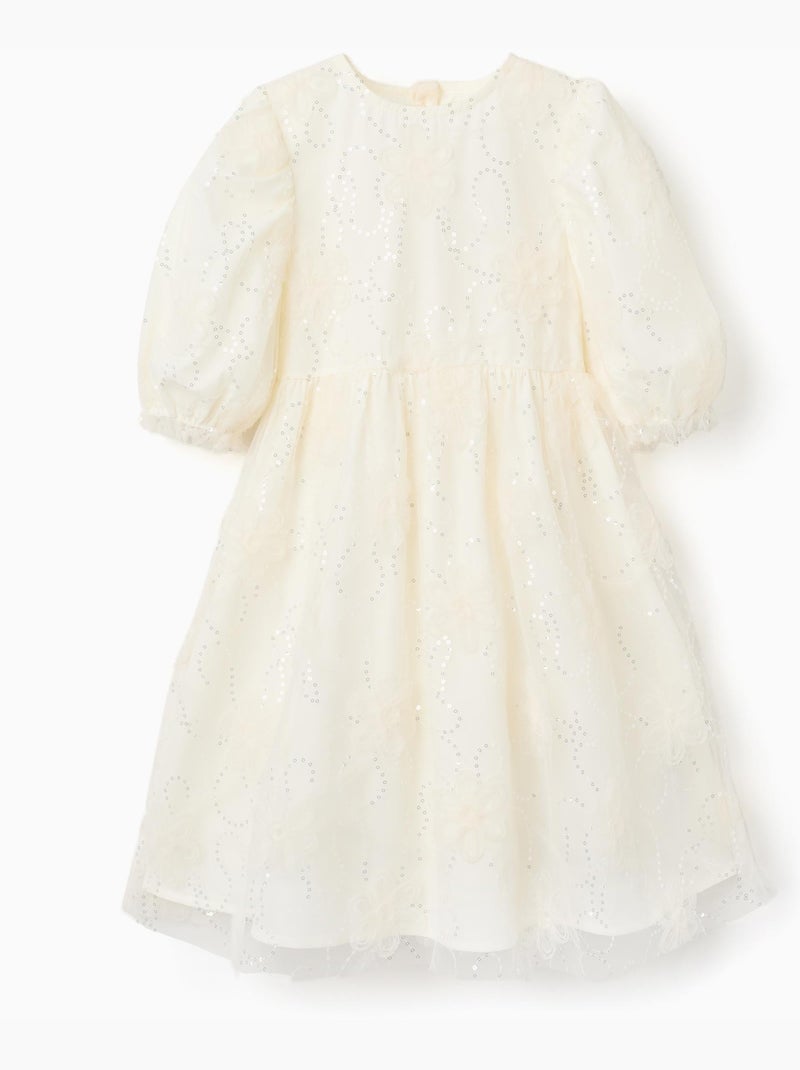 Vestido con mangas abullonadas y flores 3D Blanco - Kiabi