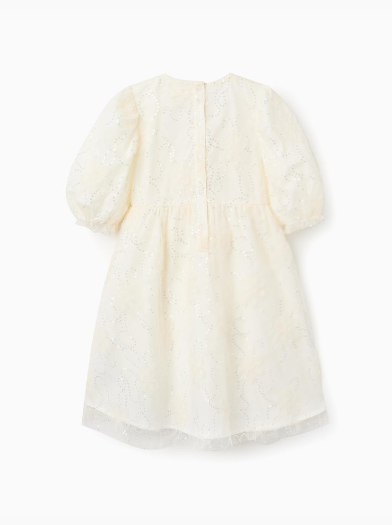 Vestido con mangas abullonadas y flores 3D Blanco - Kiabi