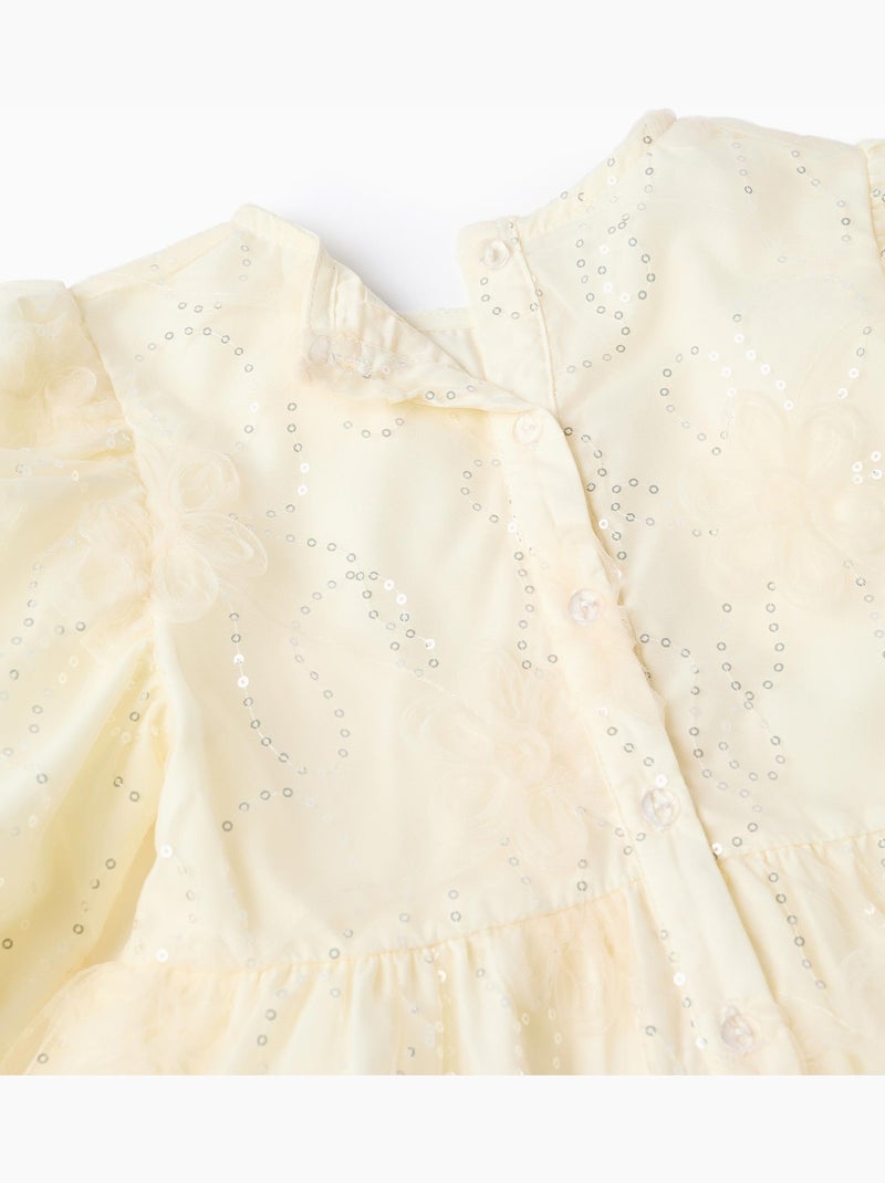 Vestido con mangas abullonadas y flores 3D Blanco - Kiabi