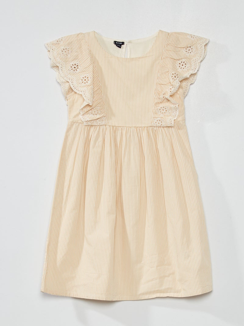 Vestido con motivo, volantes y bordado inglés BEIGE - Kiabi