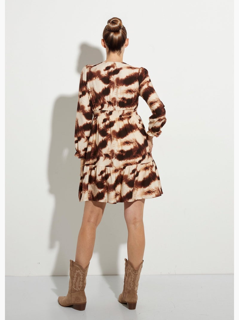 Vestido con volantes, escote en pico y mangas ajustadas - AFIBEL Marrón/Beige/Negro - Kiabi