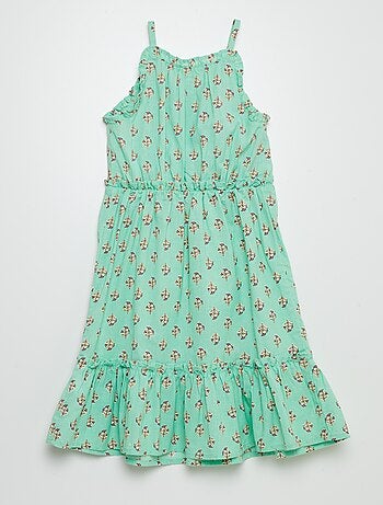 Vestido corola con estampado y volantes en el bajo