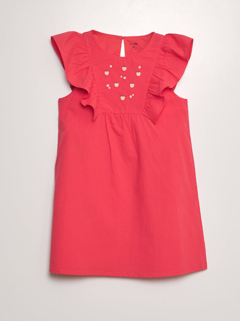Vestido corola con volante y bordados de 'frutas' ROJO - Kiabi