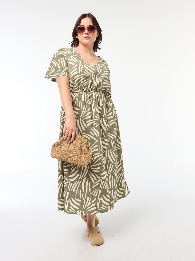 Vestido corte ancho con motivo y cuello de pico Kaki - Kiabi