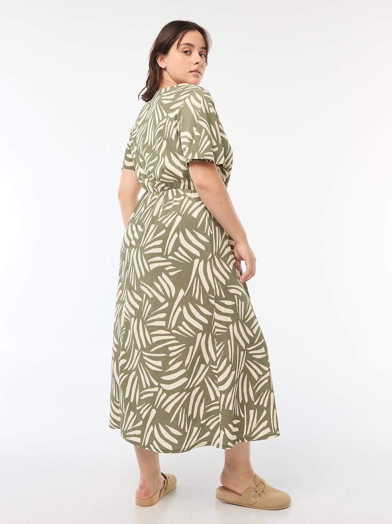 Vestido corte ancho con motivo y cuello de pico Kaki - Kiabi