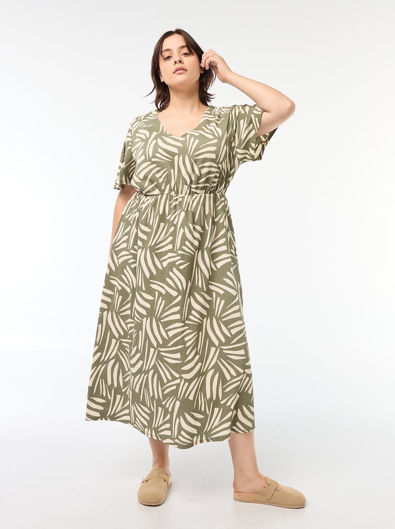 Vestido corte ancho con motivo y cuello de pico Kaki - Kiabi