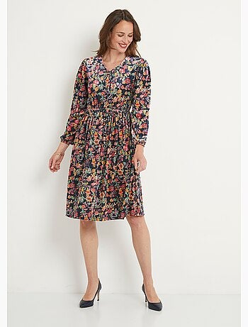 Vestido corto acampanado de terciopelo floral con cuello en V - Afibel