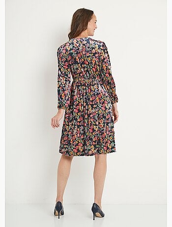 Vestido corto acampanado de terciopelo floral con cuello en V - Afibel