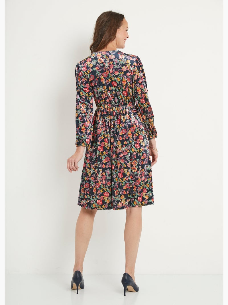 Vestido corto acampanado de terciopelo floral con cuello en V - Afibel Azul Rosa - Kiabi