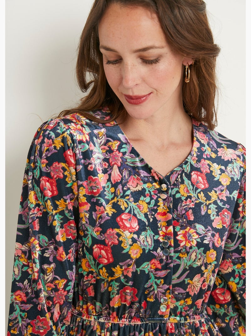 Vestido corto acampanado de terciopelo floral con cuello en V - Afibel Azul Rosa - Kiabi