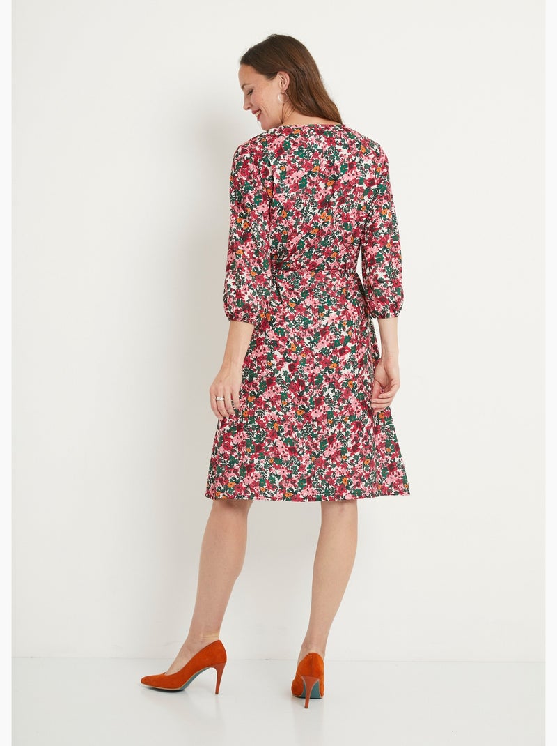Vestido corto acampanado floral abotonado con cuello en V - Afibel Rosa/Verde - Kiabi