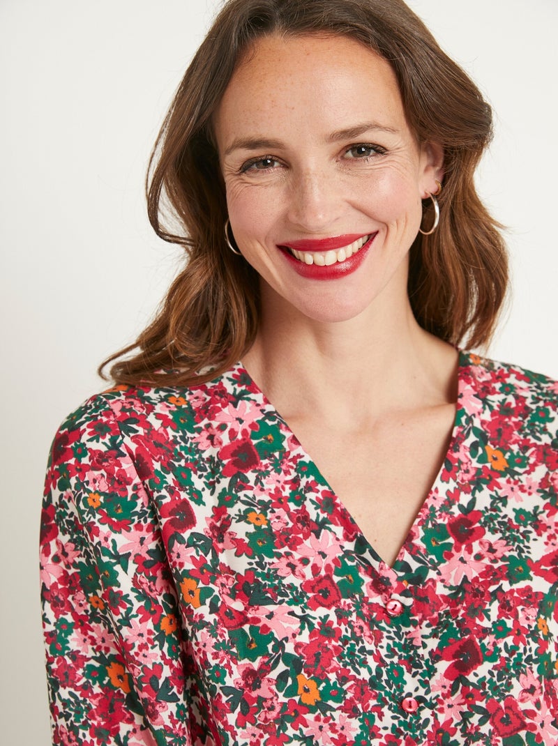 Vestido corto acampanado floral abotonado con cuello en V - Afibel Rosa/Verde - Kiabi