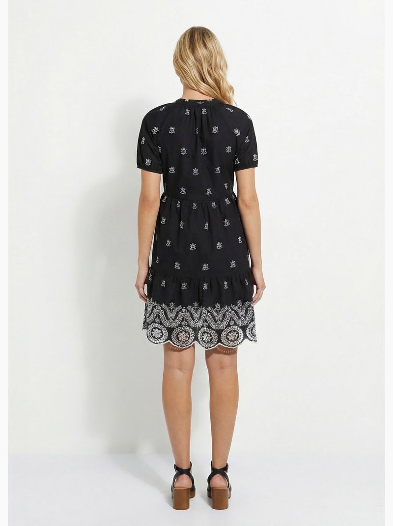 Vestido corto amplio de algodón bordado - Afibel Negro Blanco - Kiabi