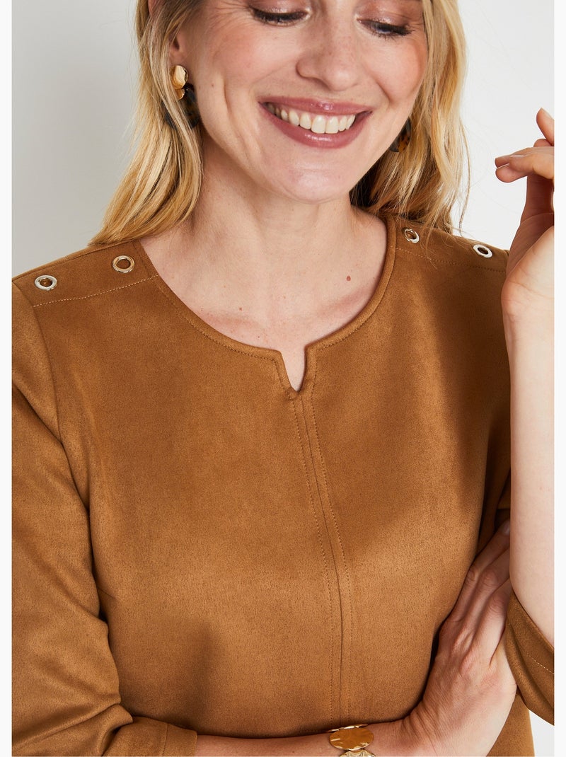 Vestido corto completo en ante liso - Afibel Camel - Kiabi