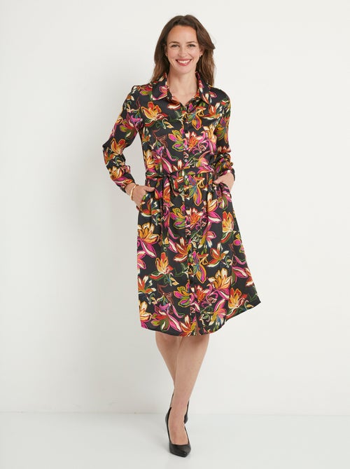 Vestido corto con blusa de satén floral de manga larga - Afibel - Kiabi