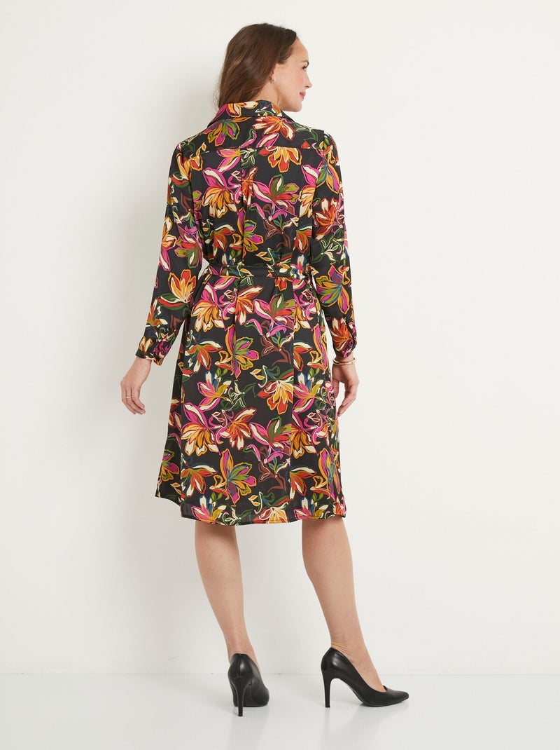 Vestido corto con blusa de satén floral de manga larga - Afibel Negro Rosa - Kiabi