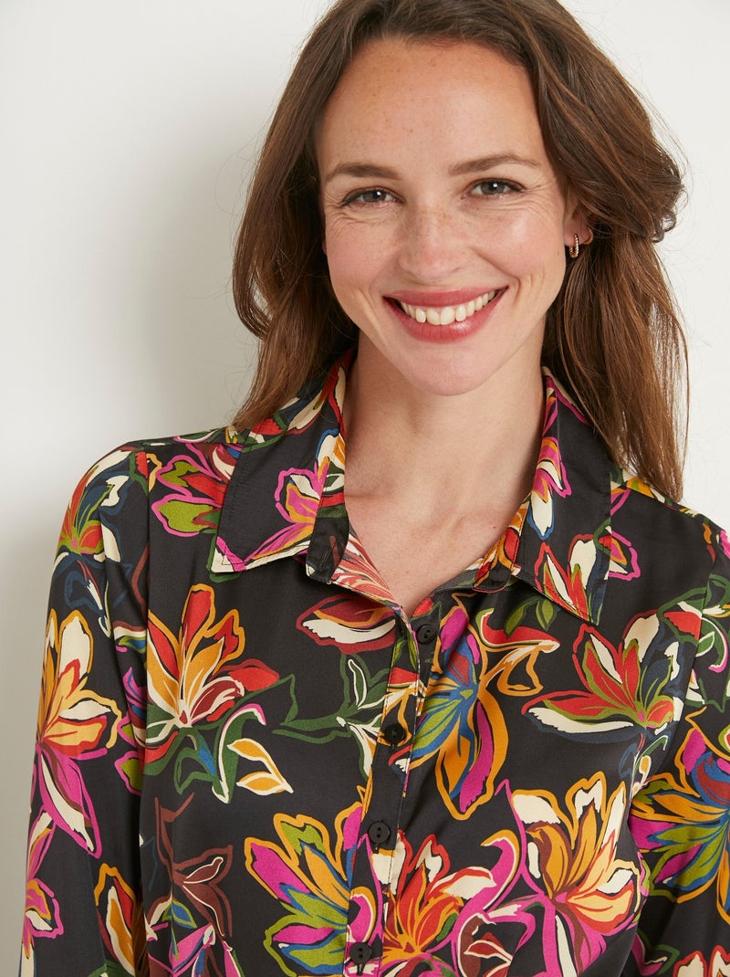 Vestido corto con blusa de satén floral de manga larga - Afibel Negro Rosa - Kiabi
