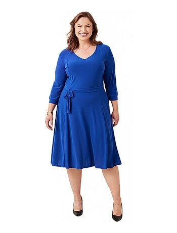 Vestido corto con cinturón, escote en V, mangas 3/4 - Afibel