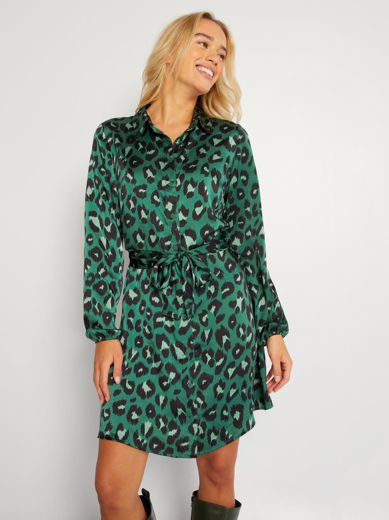 Vestido corto con cinturón Verde - Kiabi