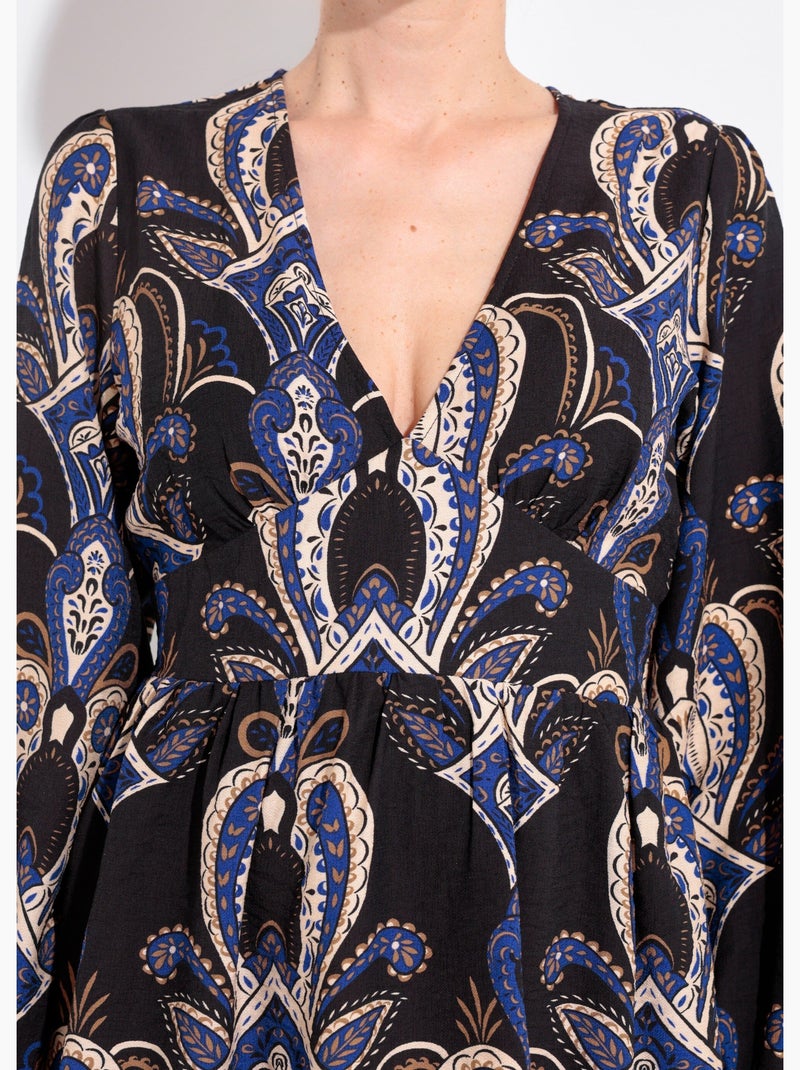 Vestido corto con cuello en V y estampado paisley - AFIBEL Azul marino - Kiabi