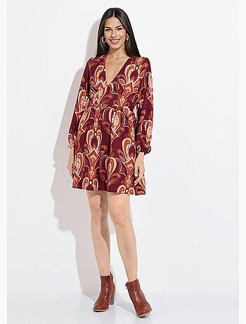 Vestido corto con cuello en V y estampado paisley - AFIBEL