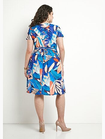 Vestido corto con escote en pico, efecto drapeado y estampado de follaje - Afibel