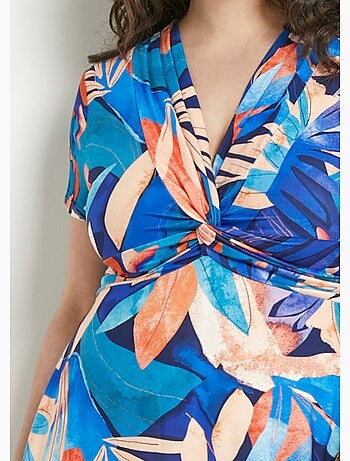 Vestido corto con escote en pico, efecto drapeado y estampado de follaje - Afibel