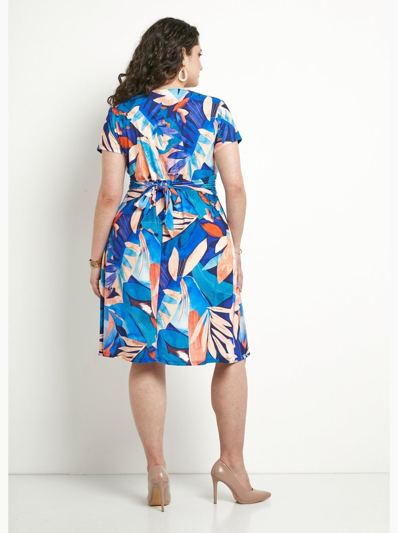 Vestido corto con escote en pico, efecto drapeado y estampado de follaje - Afibel Azul Naranja - Kiabi