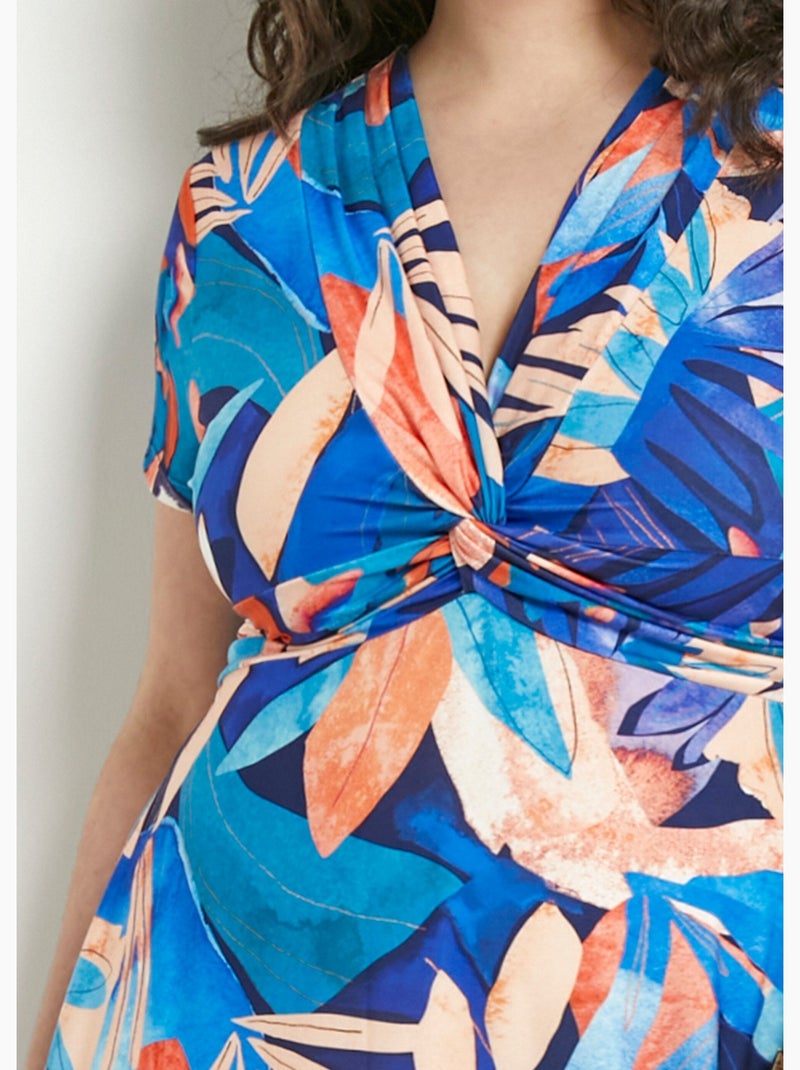 Vestido corto con escote en pico, efecto drapeado y estampado de follaje - Afibel Azul Naranja - Kiabi