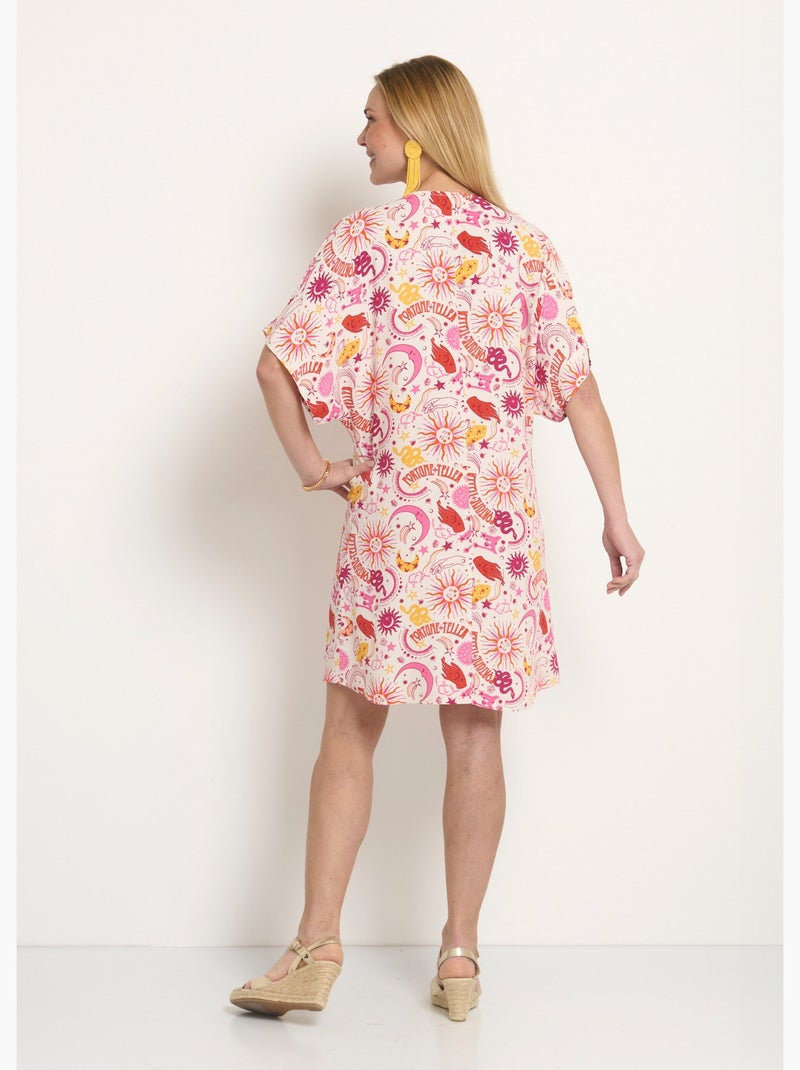 Vestido corto con escote en pico y lazos en la cintura. - Afibel Crudo - Kiabi