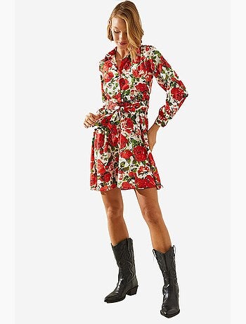 Vestido corto con estampado floral, cinturón y cuello camisero lucci