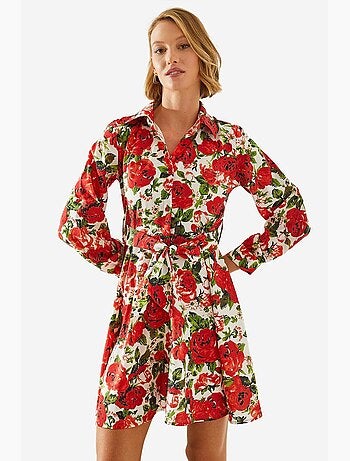 Vestido corto con estampado floral, cinturón y cuello camisero lucci