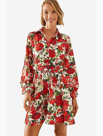 Vestido corto con estampado floral, cinturón y cuello camisero lucci