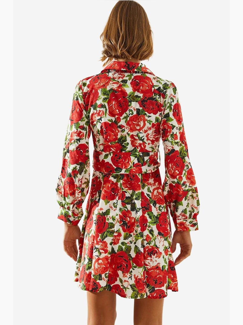 Vestido corto con estampado floral, cinturón y cuello camisero lucci Blanco Rojo - Kiabi