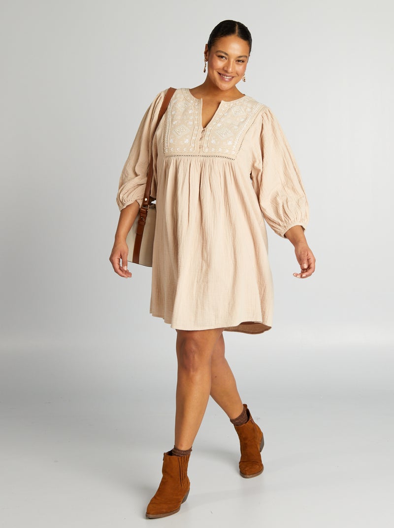 Vestido corto con mangas 3/4 BEIGE - Kiabi